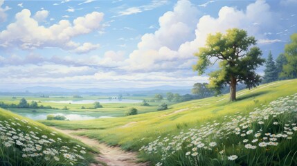 A winding path through a field of daisies leading to a lake and distant mountains under a blue sky.