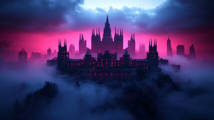 Fototapeta premium A mystical castle shrouded in fog, illuminated by a pink and blue twilight, creates an enchanting and surreal atmosphere.