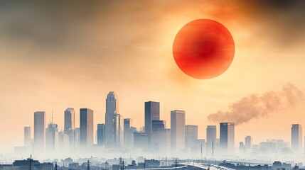 A vibrant sunset casts an orange glow over a city skyline shrouded in mist, highlighting an atmospheric and dramatic urban landscape.