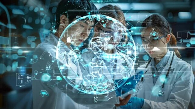 A team of three researchers in lab coats examine data and digital visualizations while discussing their findings in a high-tech research environment
