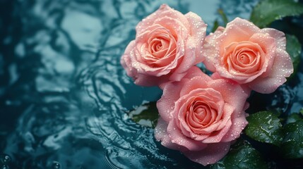 Obraz premium Overhead Shot of Beautiful Pink Rose Flowers Floating Gracefully in Water, Perfect for Romantic and Nature-Themed Projects