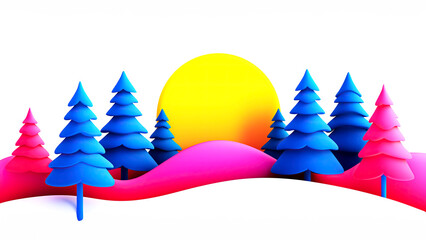 Winter soltice. Vibrant sunrise over winter forest with colorful geometric trees and hills