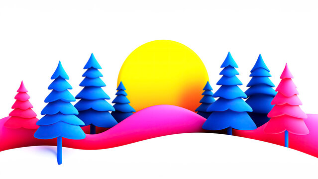 Winter soltice. Vibrant sunrise over winter forest with colorful geometric trees and hills