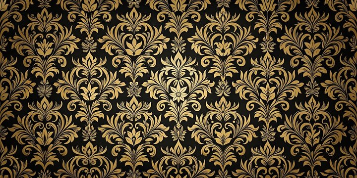 Seamless black and gold damask ornament background with leading lines