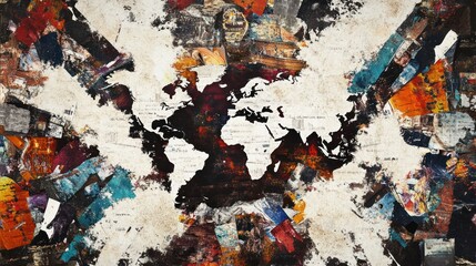 Fototapeta premium Abstract world map artwork with vibrant textures and colors representing global connections.