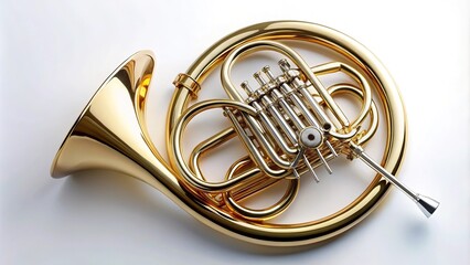 Shiny French horn musical instrument on white background aerial view