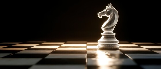 A sleek, illuminated chess knight stands on a checkered board, creating a dramatic contrast against a dark background.