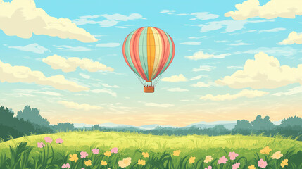 Naklejka premium Hot Air Balloon Soaring Over Lush Meadow