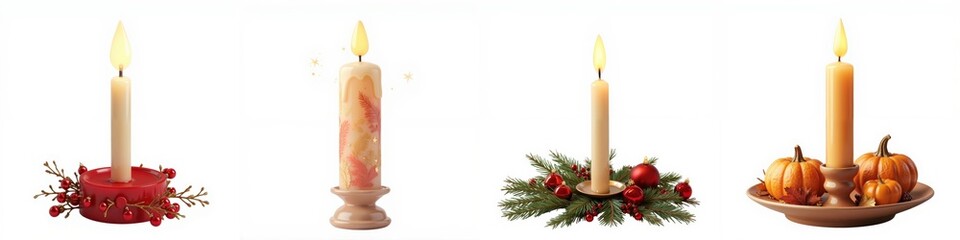 Candles with festive decorations, white isolate background