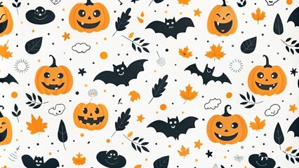 Obraz premium Seamless Halloween pattern featuring bats pumpkins and ghosts on a white background. A doodle-filled Halloween background featuring smiling ghosts, flying bats, and grinning pumpkins