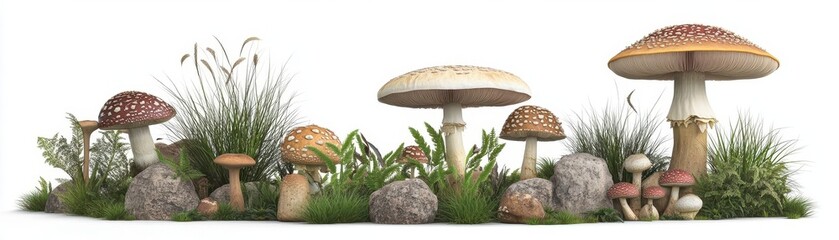 Forest mushrooms, natural and organic, 3D illustration