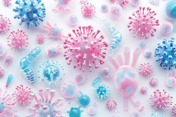 Pink and blue viruses and bacteria on white background. Science and medicine concept. 3D rendering.