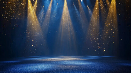 A dramatic dark blue stage with shimmering gold spotlights and glitter. This elegant background is perfect for an award ceremony, anniversary celebration, or a special recognition event.
