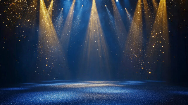 A dramatic dark blue stage with shimmering gold spotlights and glitter. This elegant background is perfect for an award ceremony, anniversary celebration, or a special recognition event.