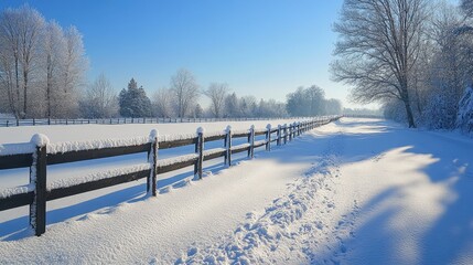 Wooden fence bordering snow covered field in winter