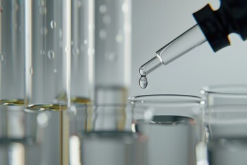 Close up laboratory glass pipette dropping substance into test tube.