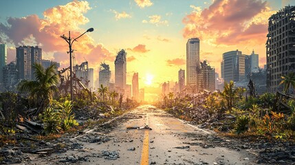 Fototapeta premium A post-apocalyptic scene featuring a desolate road leading toward a vibrant sunset, surrounded by overgrown vegetation and ruined skyscrapers.