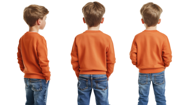 Nine-year-old Boys in Orange Sweaters and Jeans Seen From Behind Generative AI