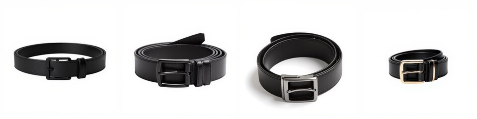 Collection of black leather belts, white isolate background