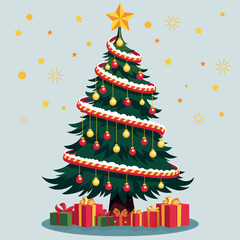 beautiful Christmas tree illustration vector with Christmas light bulbs hanging on the tree with a star top on the tree and Christmas gift boxes under the tree
