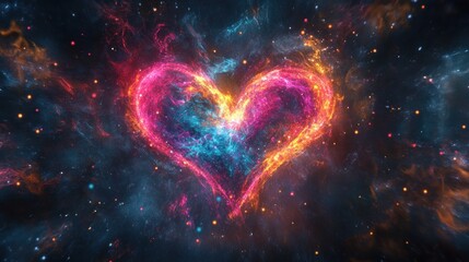 Multicolored glowing love heart made of magical energy. Cosmic glowing heart.