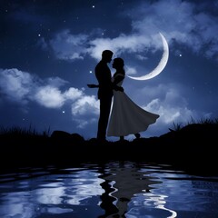 Silhouette of couples romancing in moon background