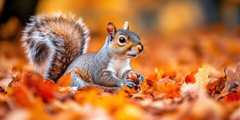 Autumn Wildlife Squirrel Gathering Acorns Among Vibrant Fall Leaves in a Close-Up Nature Shot