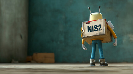 A 3D person, like a cartoon character, is carrying the letters "NIS2" on their back.