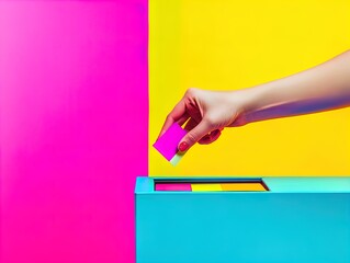 Vibrant Abstract Art: A Hand Dropping a Colorful Ticket into a Blue Donation Box - Perfect for Sports Interior Posters and Inspirational Spaces