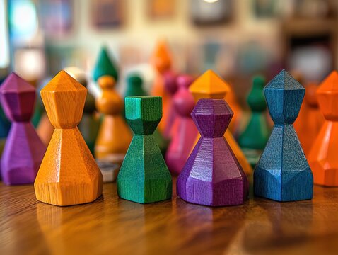 Vibrant Wooden Game Pieces: A Colorful Poster for Dynamic Sports Interiors, Featuring Bright Orange, Green, and Purple Assemblies Against a Warm Backdrop of Playful Figures