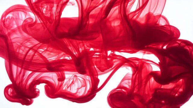  Ink's Intriguing Resemblance to Blood. Spellbinding Footage of Ruby Fluid Spreading Its Mystique on an Untouched White Backdrop. Red blood transition pattern background, slow motion. Towards Camera. 