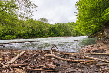 nature park , spring mood, a walk along the riverbed with an overview of the stone riverbed