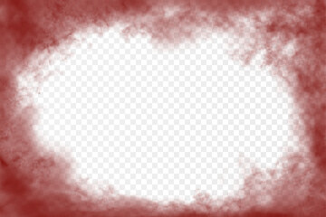Dark red realistic clouds around the horizontal ractangular frame with empty oval space in the middle. Vector burgundy cloudiness isolated on transparent background