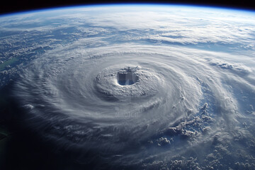 Hurricane approaching a coastline, viewed from a satellite image