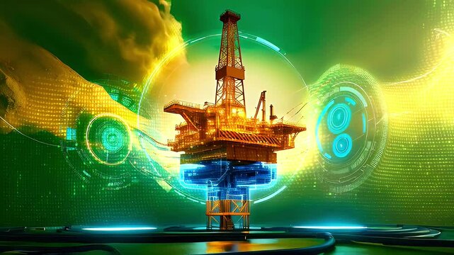 Digital illustration of an offshore oil rig against a green background with glowing digital rings.