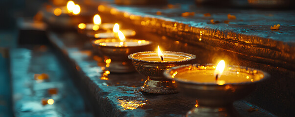Close-up of oil lamps glowing on a temple step, warm and sacred Festival of Lights
