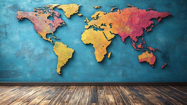 Global Horizons: A vibrant, textured world map takes center stage on a teal wall, promising adventure and exploration. The rustic wooden floor adds a touch of warmth and grounding.