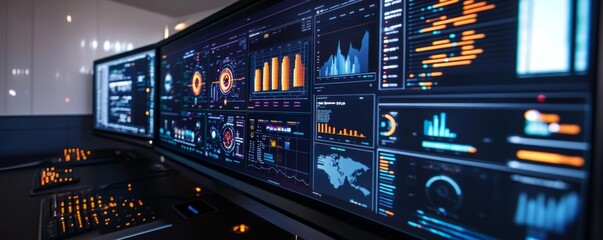 Futuristic Computer Interface with Glowing Data Visualizations on Large Monitor