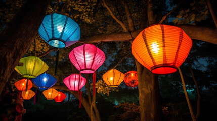 Colorful festival lanterns hanging from trees, vibrant and festive evening