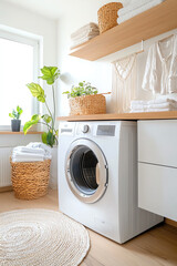 Modern laundry room with stylish decor and functional appliances for a fresh home experience