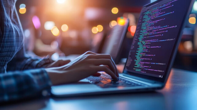 Someone is coding on a laptop. This image shows the work of software developers and is great for representing anything related to technology, like websites or computer programs.