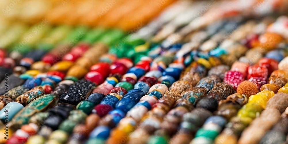Poster a colorful assortment of beads and stones are displayed in a variety of colors