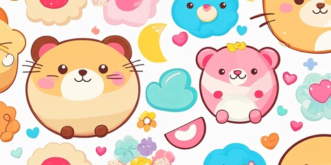 A cartoonish scene of various animals, including bears and cats, with hearts