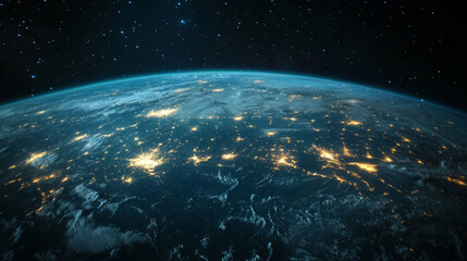 Obraz premium From space, Earth looks like a glowing planet at night. The bright lines show how people connect and communicate, representing business, finance, and the internet.