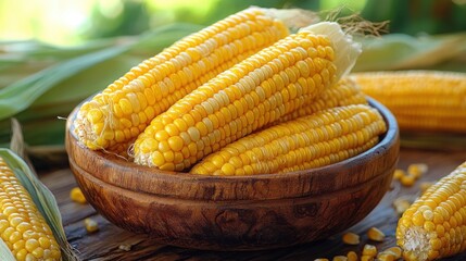 Ripe Yellow Corn in a Wooden Bowl on a Table - Perfect for Culinary Projects and Farm Fresh Themes