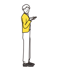 手を差し出して笑顔で案内をするビジネスマンのシンプルな全身イラスト素材