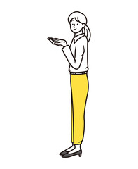 手を差し出して笑顔で案内をするビジネスウーマンのシンプルな全身イラスト素材