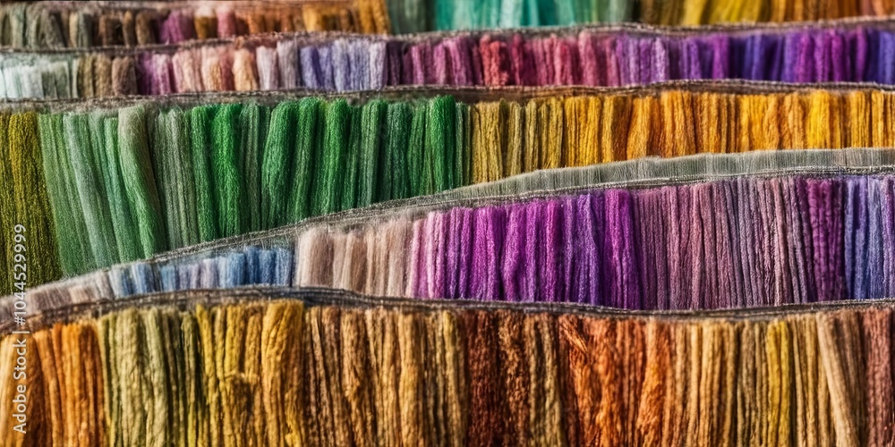 Poster A row of colorful threads are displayed in a store