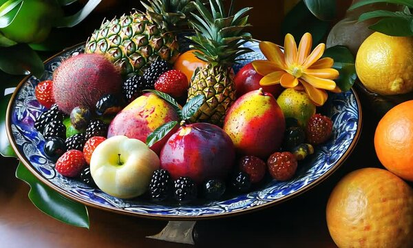 A vibrant fruit arrangement on a decorative plate showcasing various fruits and colors.