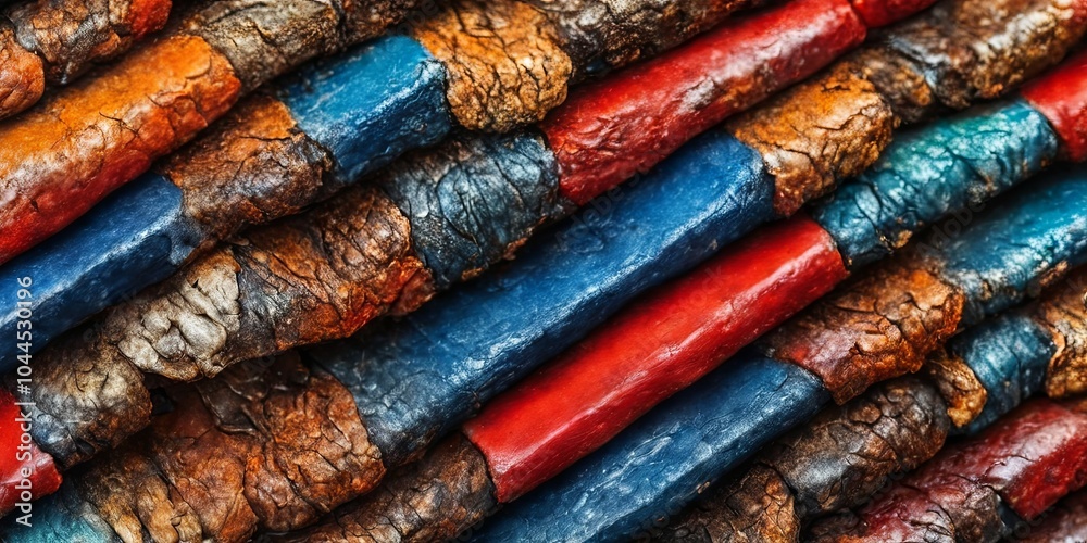 Poster a stack of colorful wooden blocks with blue and red stripes